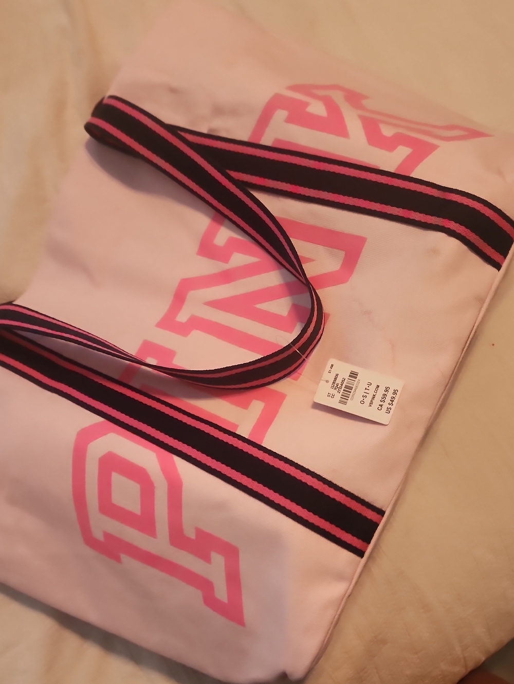 Pink Graphic Tote Bag with Striped Handles